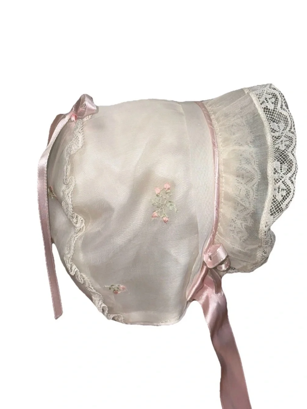 Vintage MCM 1952 Salkin & Linoff Sheer Ivory with Embroidery Baby Bonnet